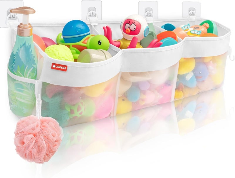 UNEEDE 3 Compartment Horizontal Bath Toy Organizer for Tub,Extra Large Capacity 4.95 Gallons Bath Toy Storage Holder,Mesh Quick Dry Bathtub Storage and Organizer,Easy Access Baby Bathtub Holder - Image 1